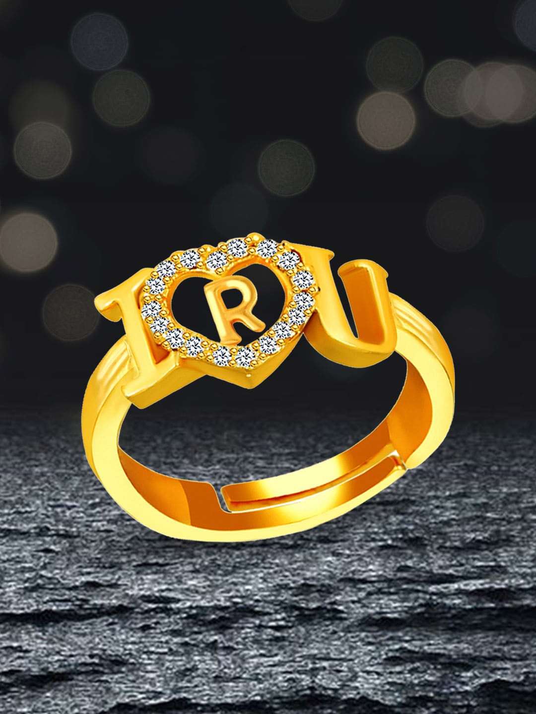 

MEENAZ Gold-Plated AD-studded R Alphabet I Love You Ring Adjustable Ring