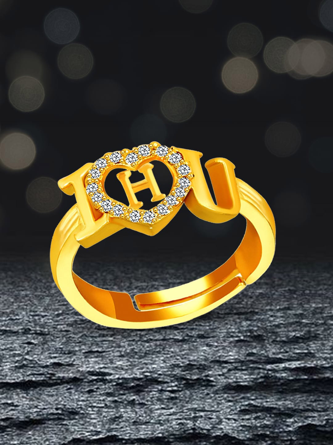 

MEENAZ Gold-Plated AD-studded H Alphabet I Love You Ring Adjustable Ring