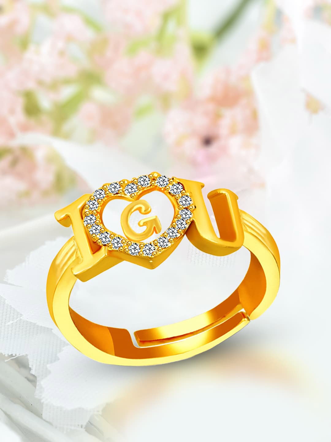 

MEENAZ Gold-Plated AD-studded G Alphabet I Love You Ring Adjustable Ring