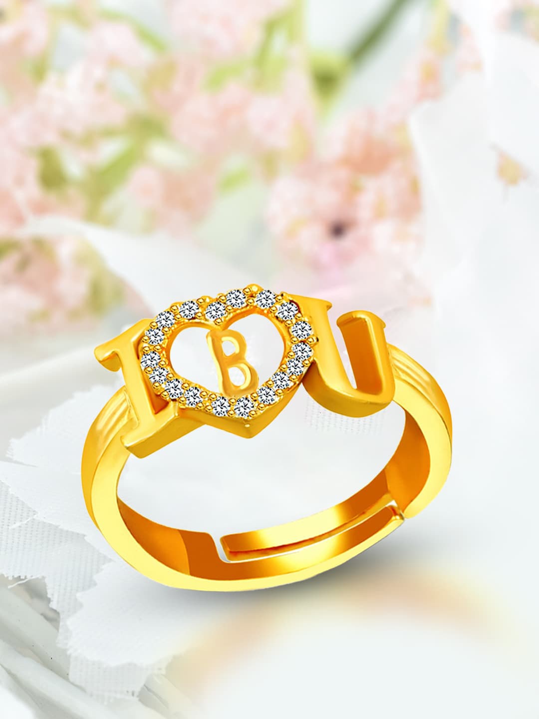 

MEENAZ Gold-Plated AD-studded B Alphabet I Love You Ring Adjustable Ring