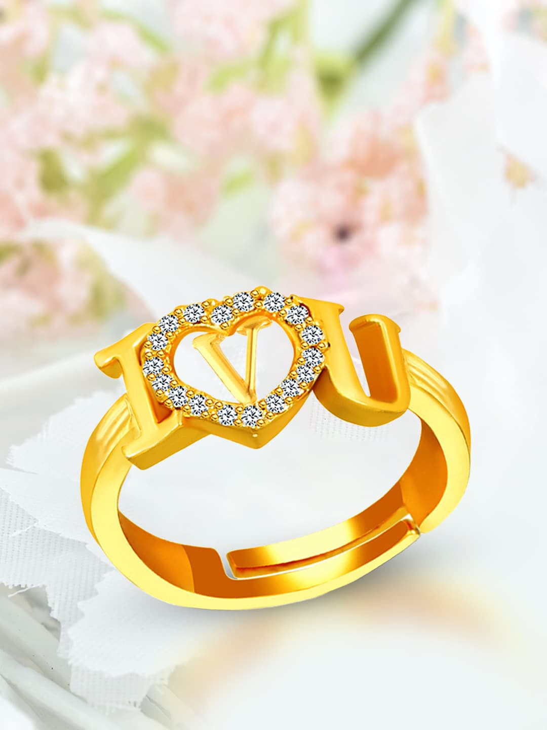 

MEENAZ Gold-Plated AD-Studded V Alphabet I Love You Ring Adjustable Ring