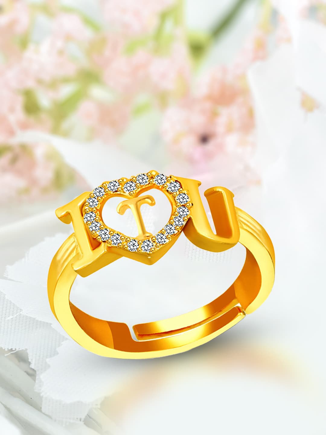 

MEENAZ Gold-Plated AD-studded T Alphabet I Love You Ring Adjustable Ring