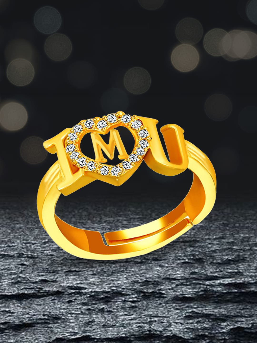 

MEENAZ Gold-Plated AD-studded M Alphabet I Love You Adjustable Ring