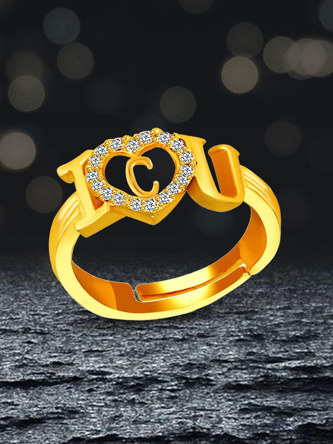 

MEENAZ Gold-Plated AD-Studded C Alphabet I Love You Ring Adjustable Ring