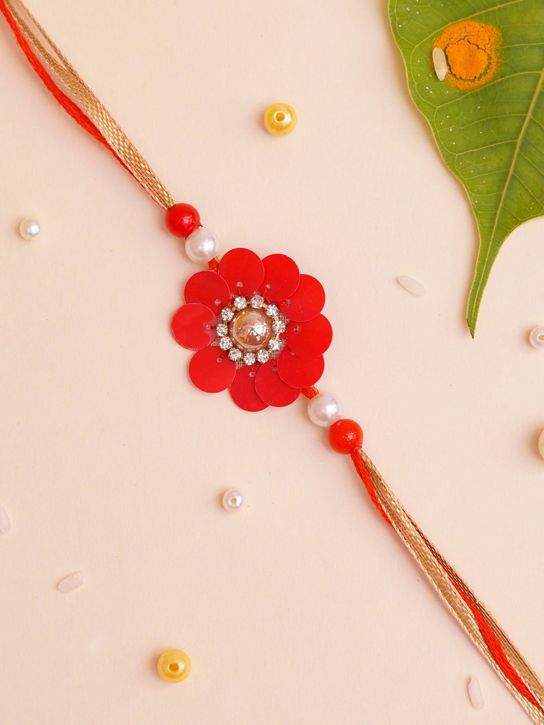 The Magic Wand Kids Stone-Studded & Beaded Floral Charm Rakhi, Red