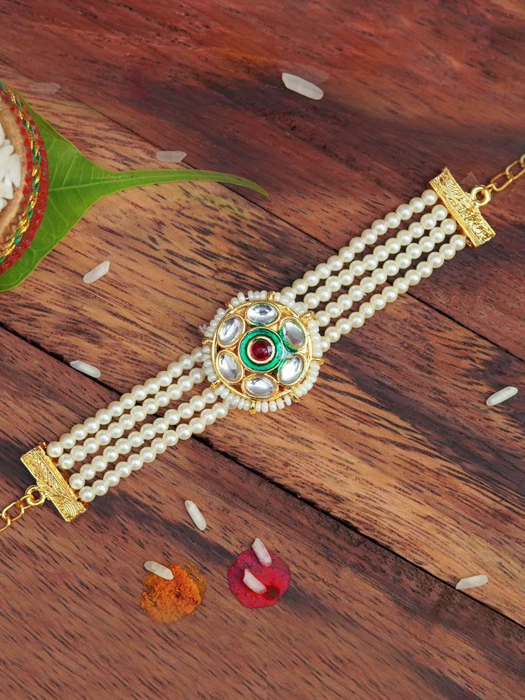 

The Magic Wand Kids Stone-studded & Pearl Beaded Rakhi, Gold