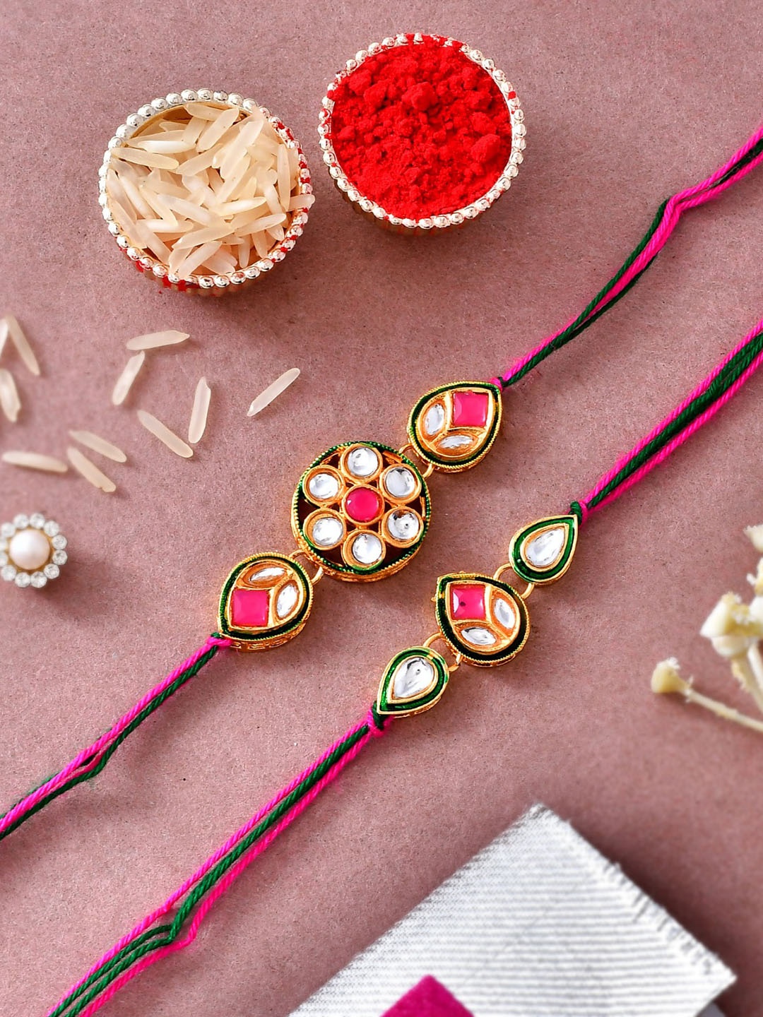 

CraftVatika Unisex Set of 2 Designer Floral Lumba Rakhi, Pink