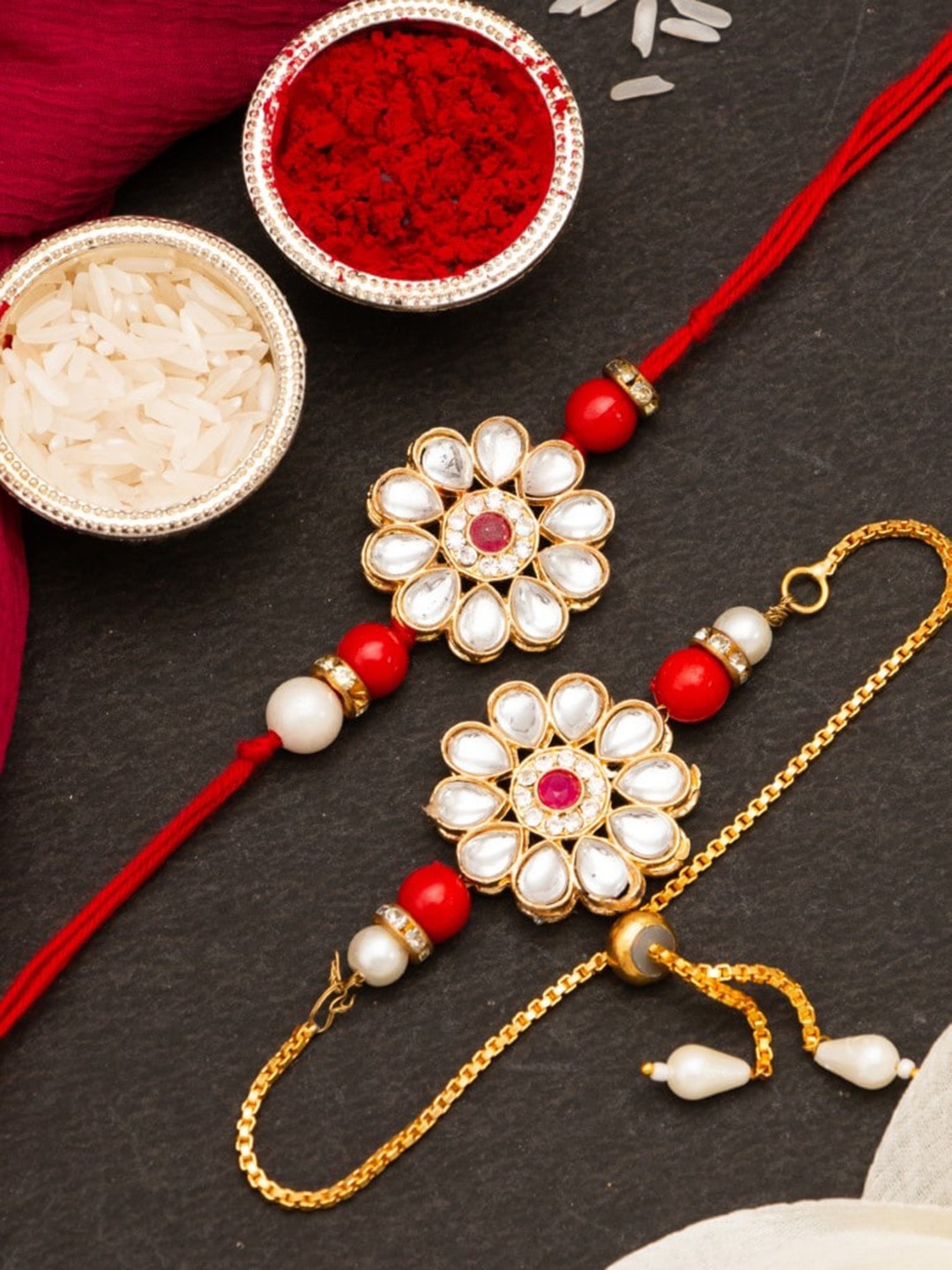 

CraftVatika Unisex Set of 2 Designer Floral Rakhi, Red