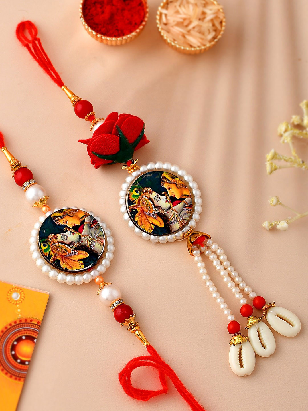 

CraftVatika Unisex Set Of 2 Radha Krishna Rakhi Gift Set, Green