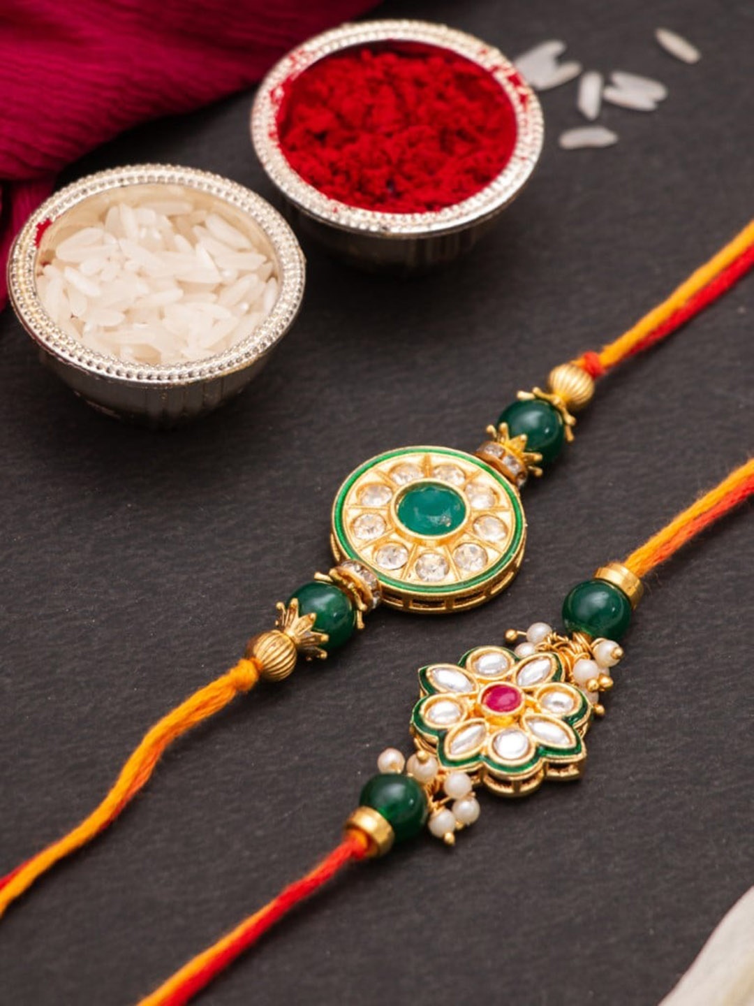 

CraftVatika Unisex Set of 2 Floral Kundan Thread Rakhi, Orange