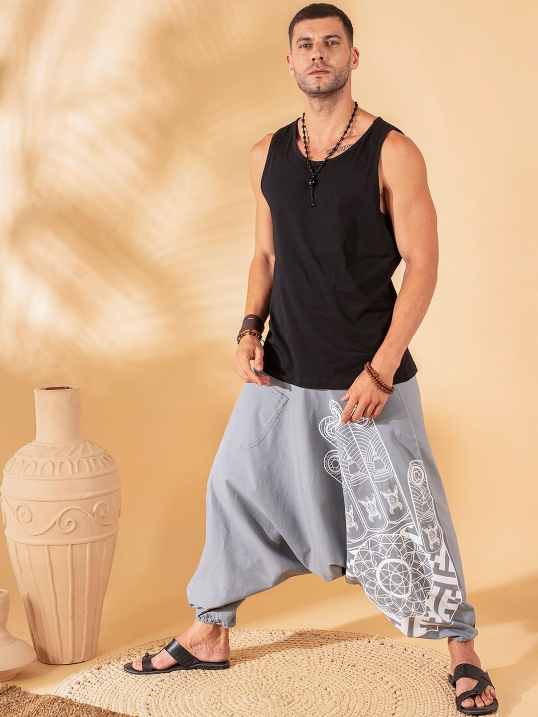 

The Veshti Company Men Tribal Printed Pure Cotton Loose-Fit Harem Pants, Grey