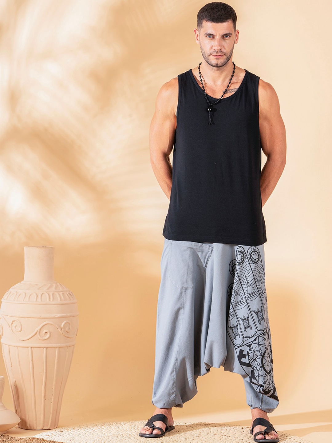 

The Veshti Company Men Tribal Printed Pure Cotton Loose-Fit Harem Pants, Grey