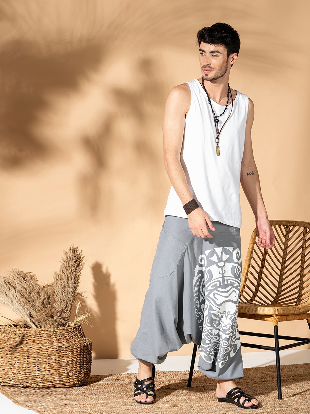 

The Veshti Company Men Tribal Printed Pure Cotton Loose-Fit Harem Pants, Grey