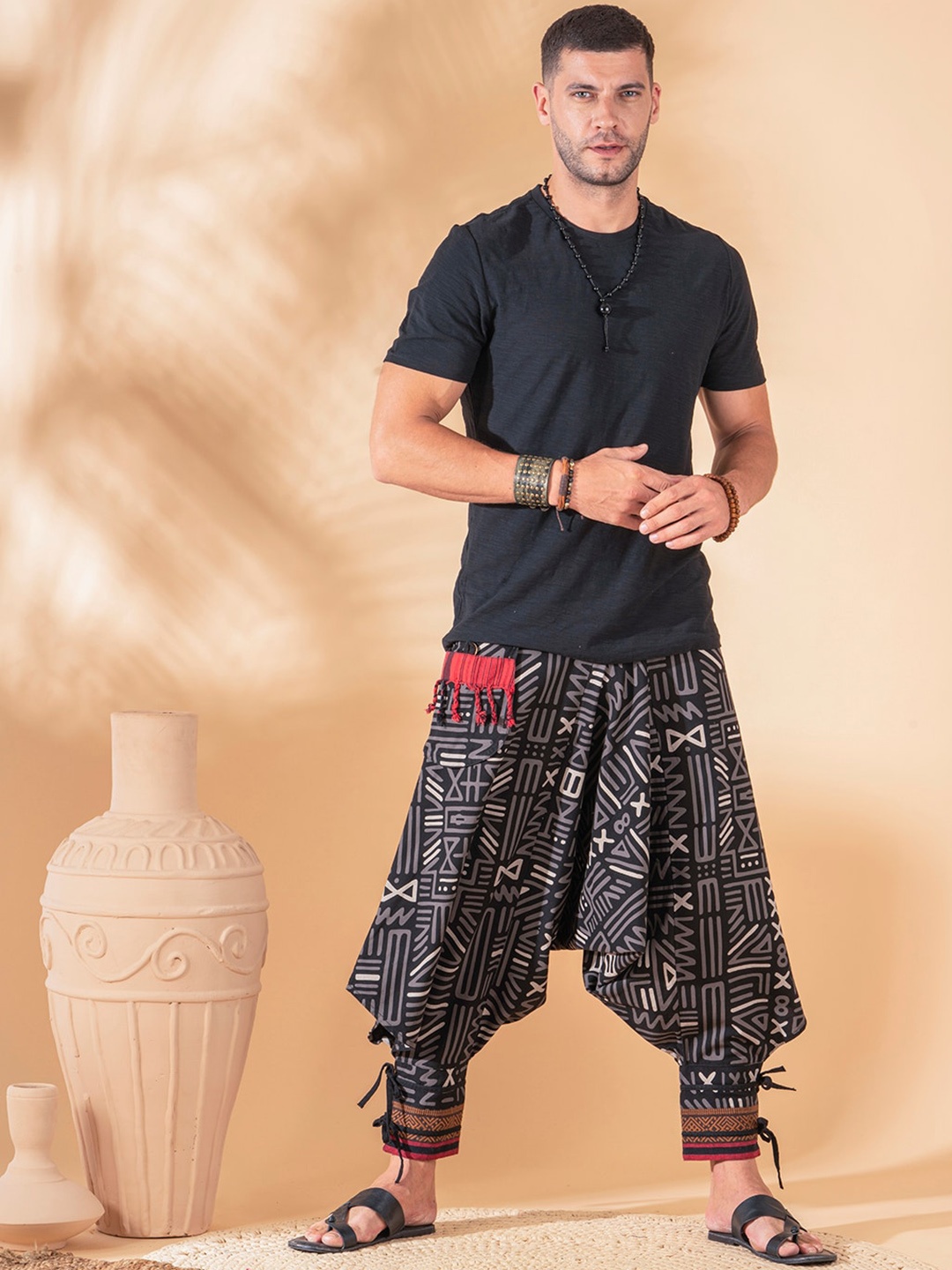 

The Veshti Company Men Tribal Printed Pure Cotton Loose-Fit Harem Pants, Black