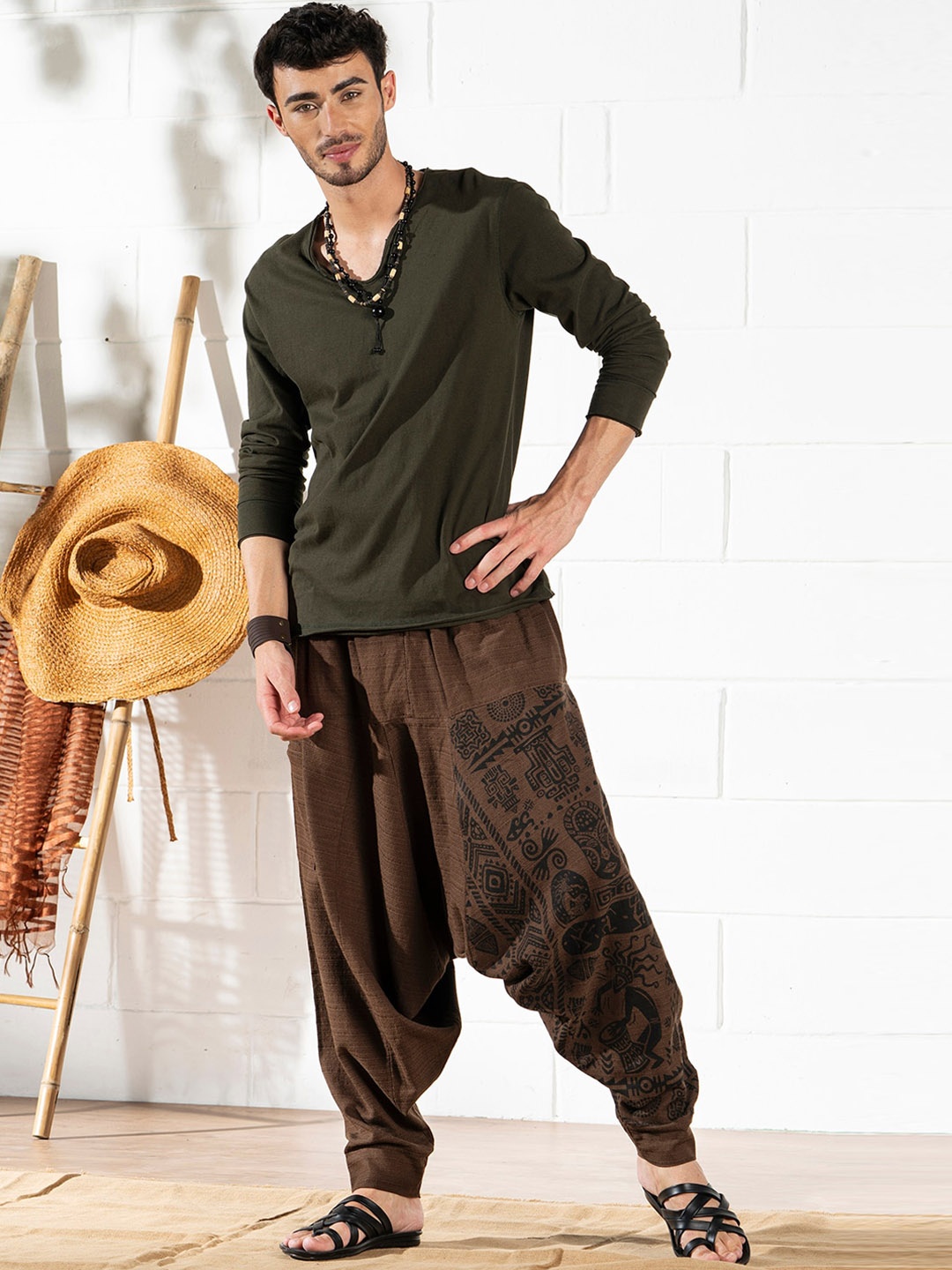 

The Veshti Company Men Tribal Printed Pure Cotton Loose-Fit Harem Pants, Brown