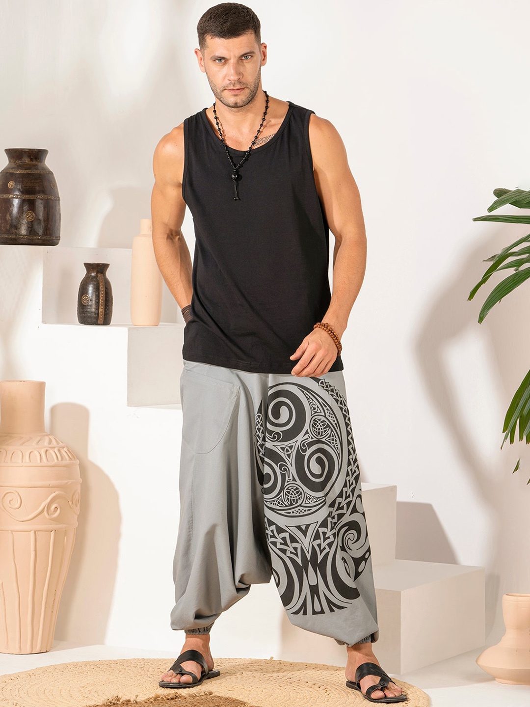 

The Veshti Company Men Tribal Printed Pure Cotton Loose-Fit Harem Pants, Grey