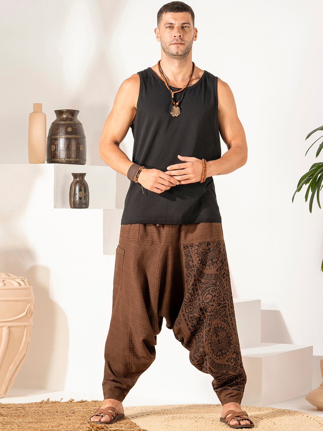 

The Veshti Company Men Tribal Printed Pure Cotton Loose-Fit Harem Pants, Brown