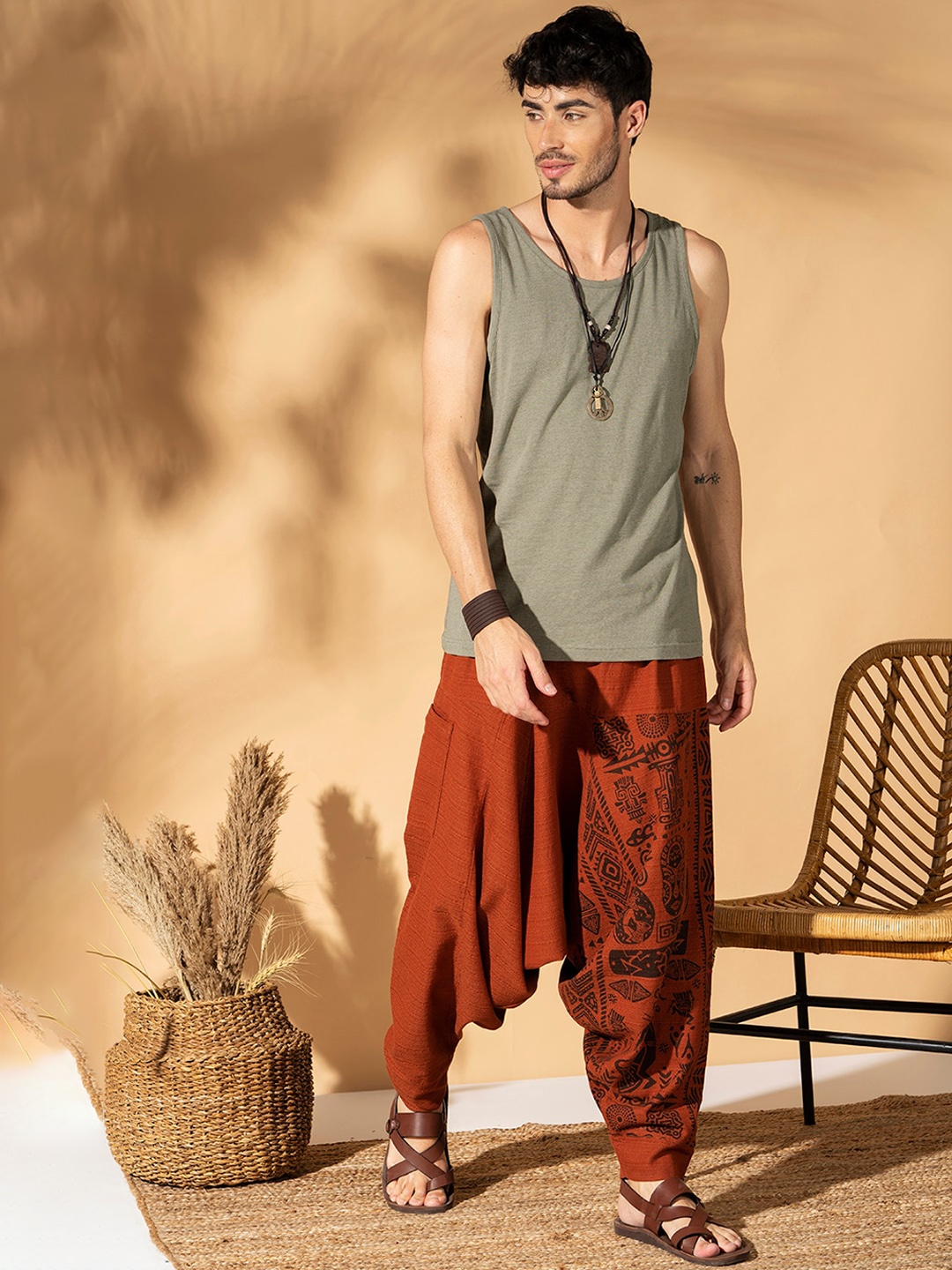 

The Veshti Company Men Tribal Printed Pure Cotton Harem Pants, Orange