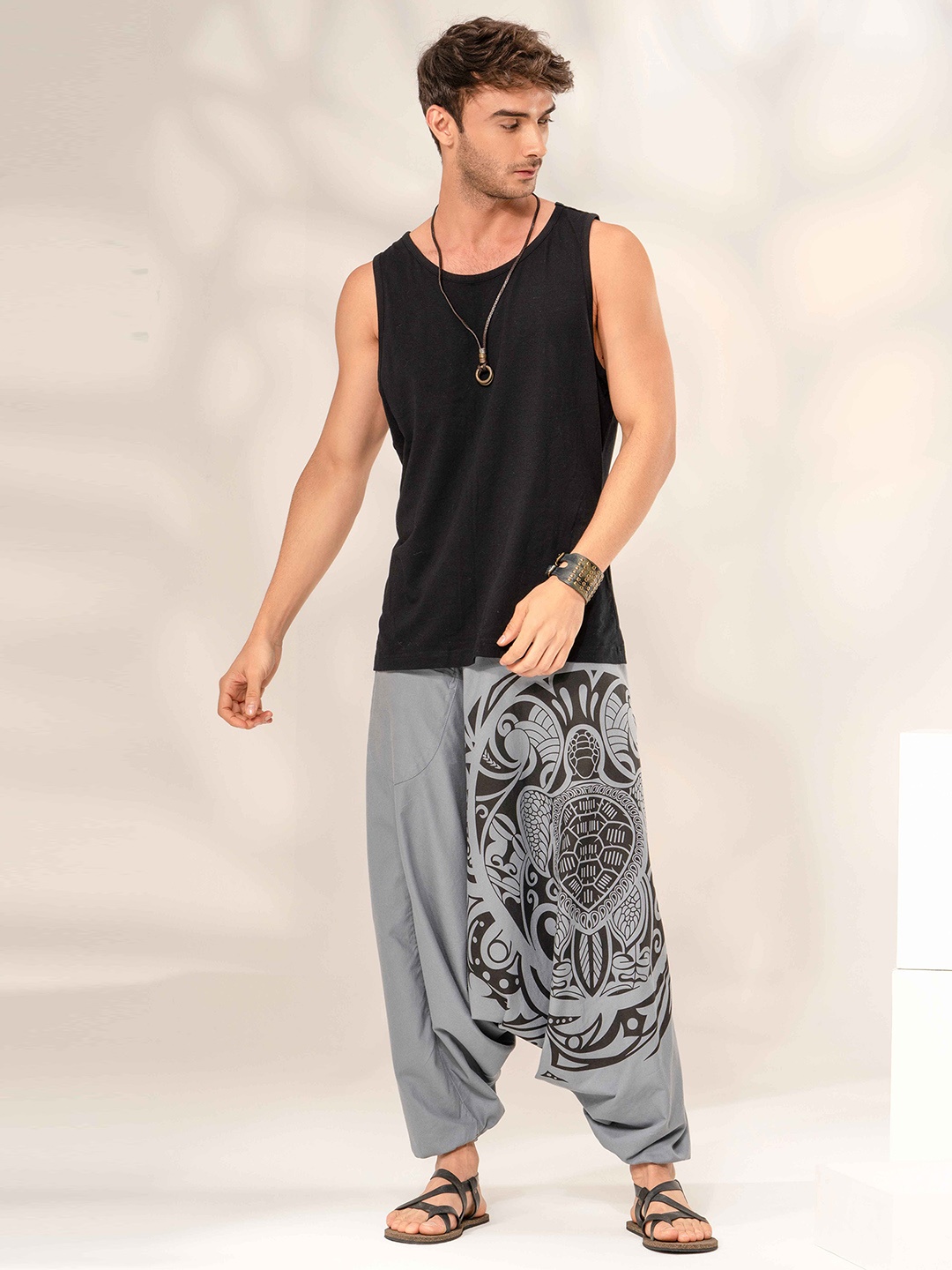 

The Veshti Company Men Tribal Printed Pure Cotton Harem Pants, Grey
