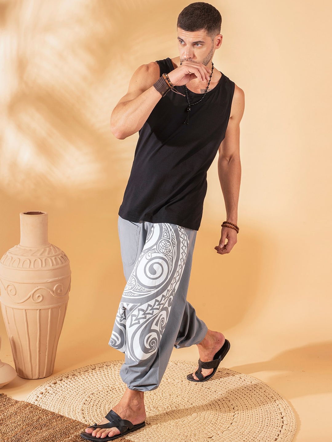 

The Veshti Company Men Printed Pure Cotton Loose-Fit Harem Pants, Grey