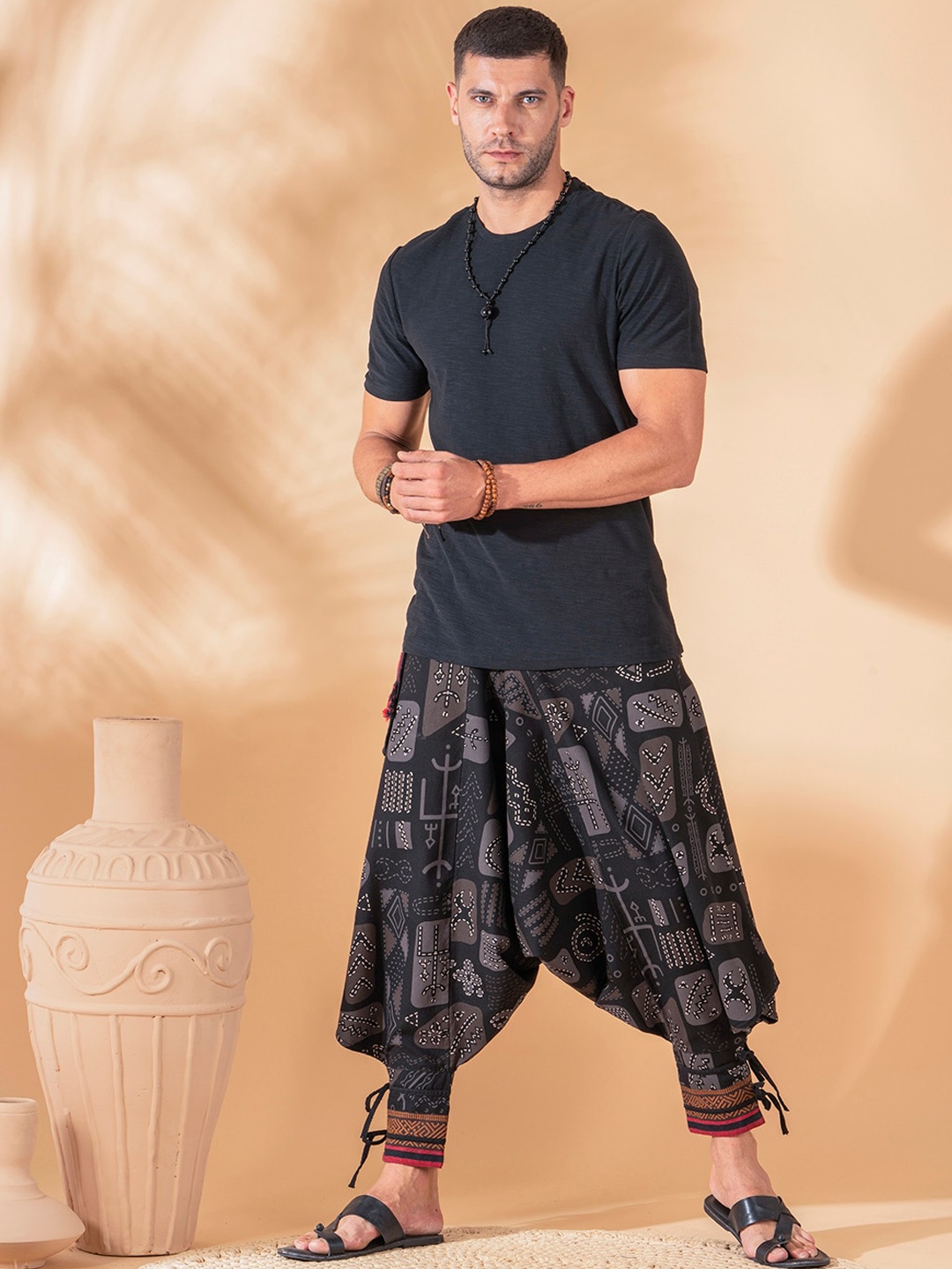 

The Veshti Company Tribal Printed Pure Cotton Loose-Fit Harem Pants, Black