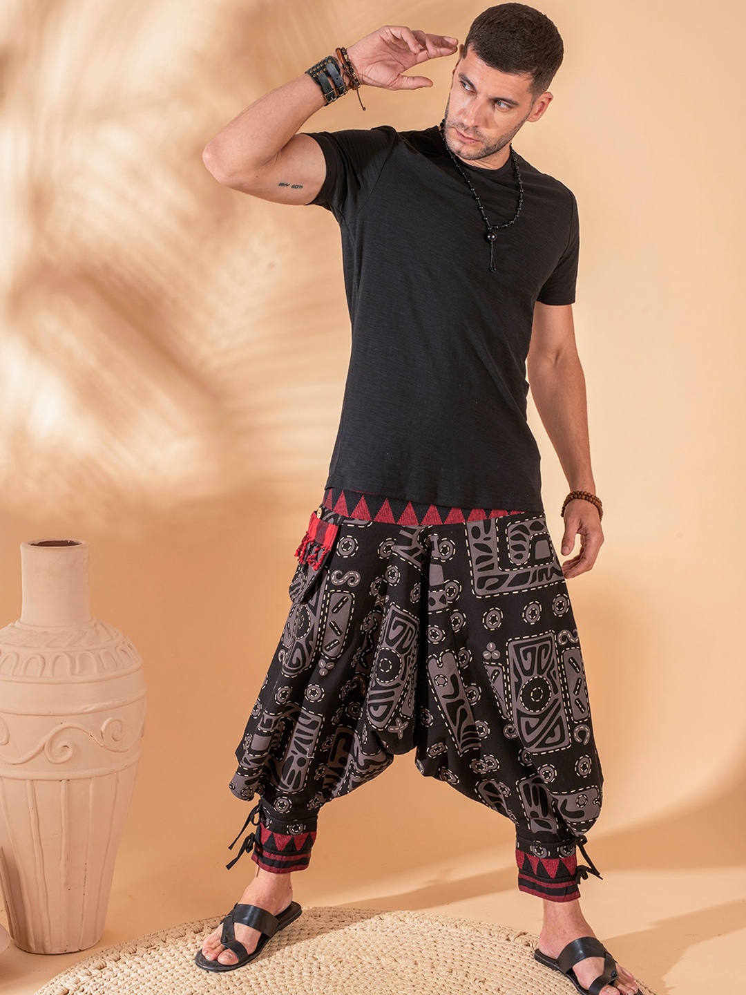 

The Veshti Company Tribal Printed Pure Cotton Loose-Fit Harem Pants, Black