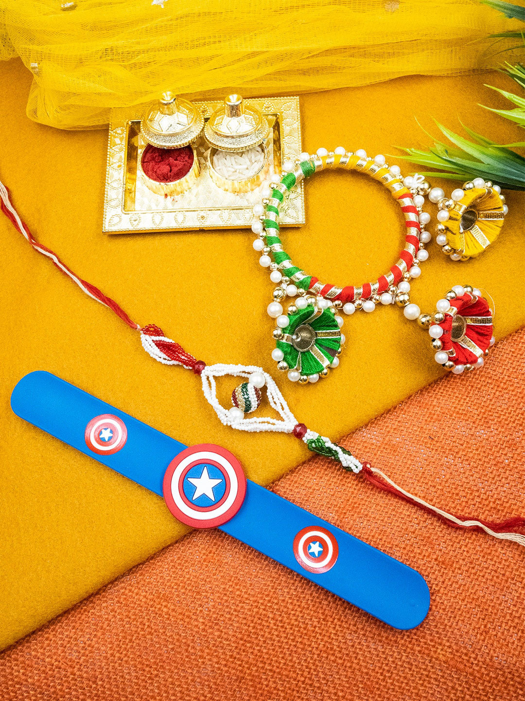 

StileAdda Unisex Set Of 3 Family Beaded & Captain America Rakhi With Roli Chawal Holder, Green