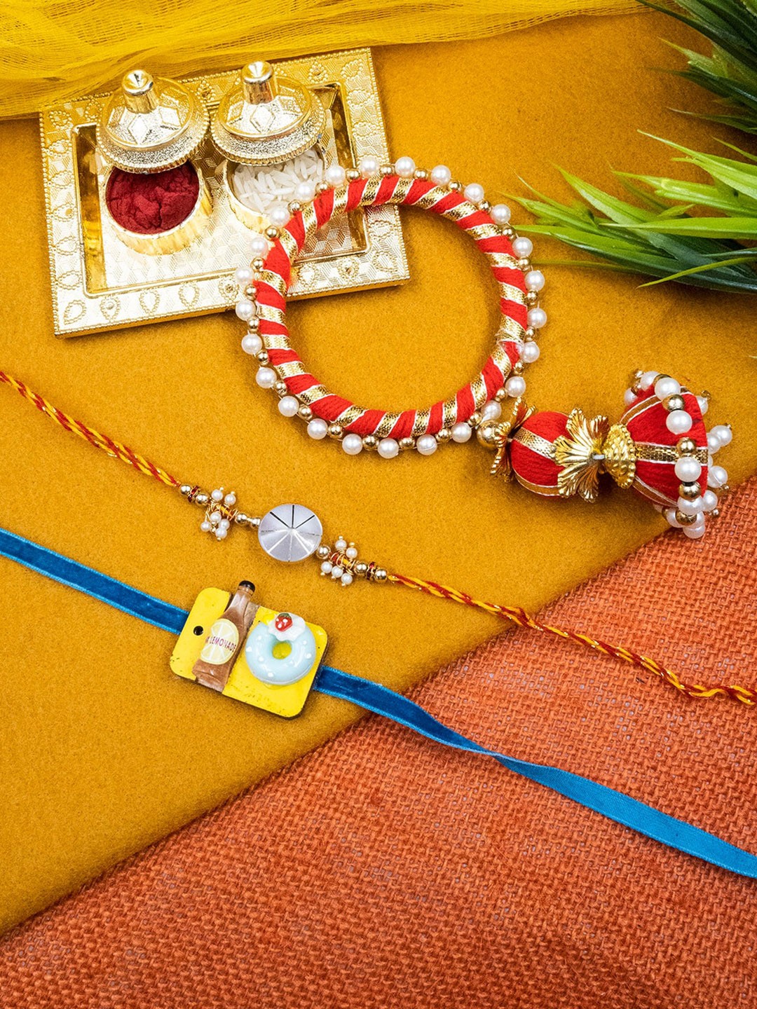 

StileAdda Unisex Set Of 3 Family Rakhi Set, Yellow