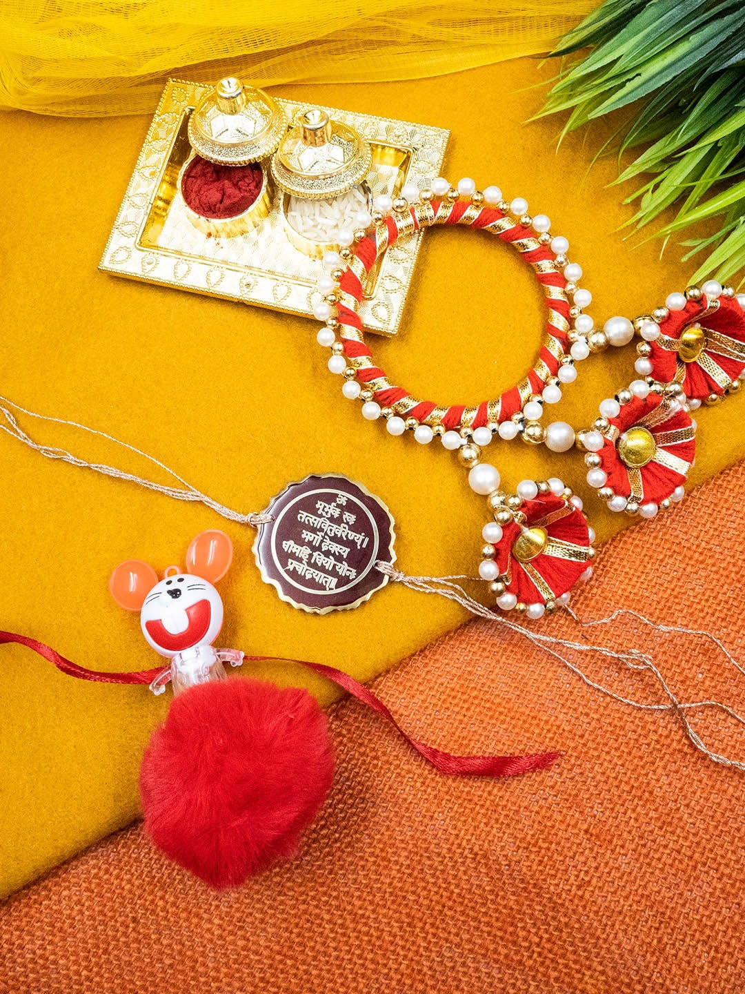 

StileAdda Unisex Set Of 3 Family Rakhi With Roli Chawal Holder, Red