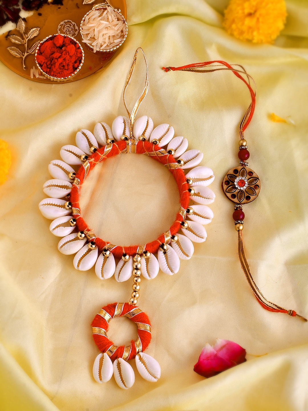

Shoshaa Kundan Bhaiya Bhabhi Rakhi & Gota Bangle with Roli Chawal, Red