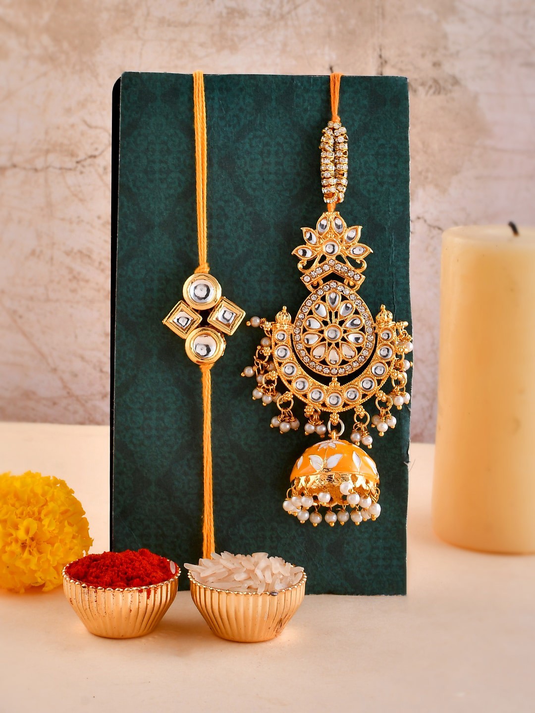 

Shoshaa Yellow Gold Kundan Bhaiya Bhabhi Rakhi Lumba with Roli Chawal