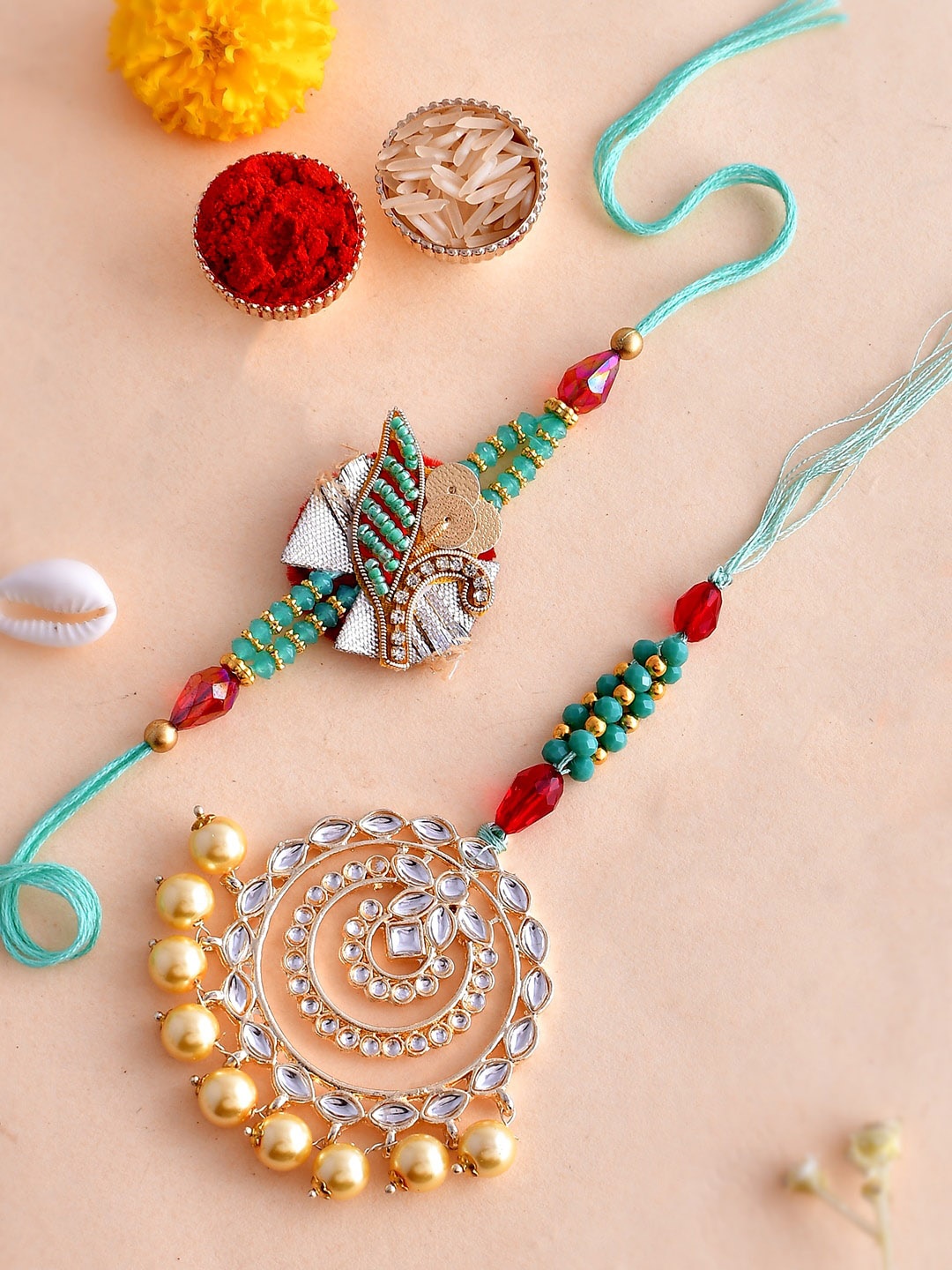 

Shoshaa Kundan Bhaiya Bhabhi Rakhi Lumba Maangtika Gift Set with Roli Chawal, Blue