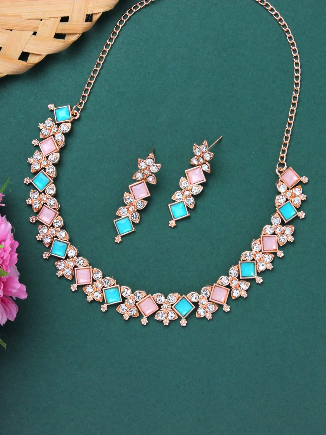 

Atasi International Rose Gold-Plated Crystals-Studded Necklace & Earrings Set