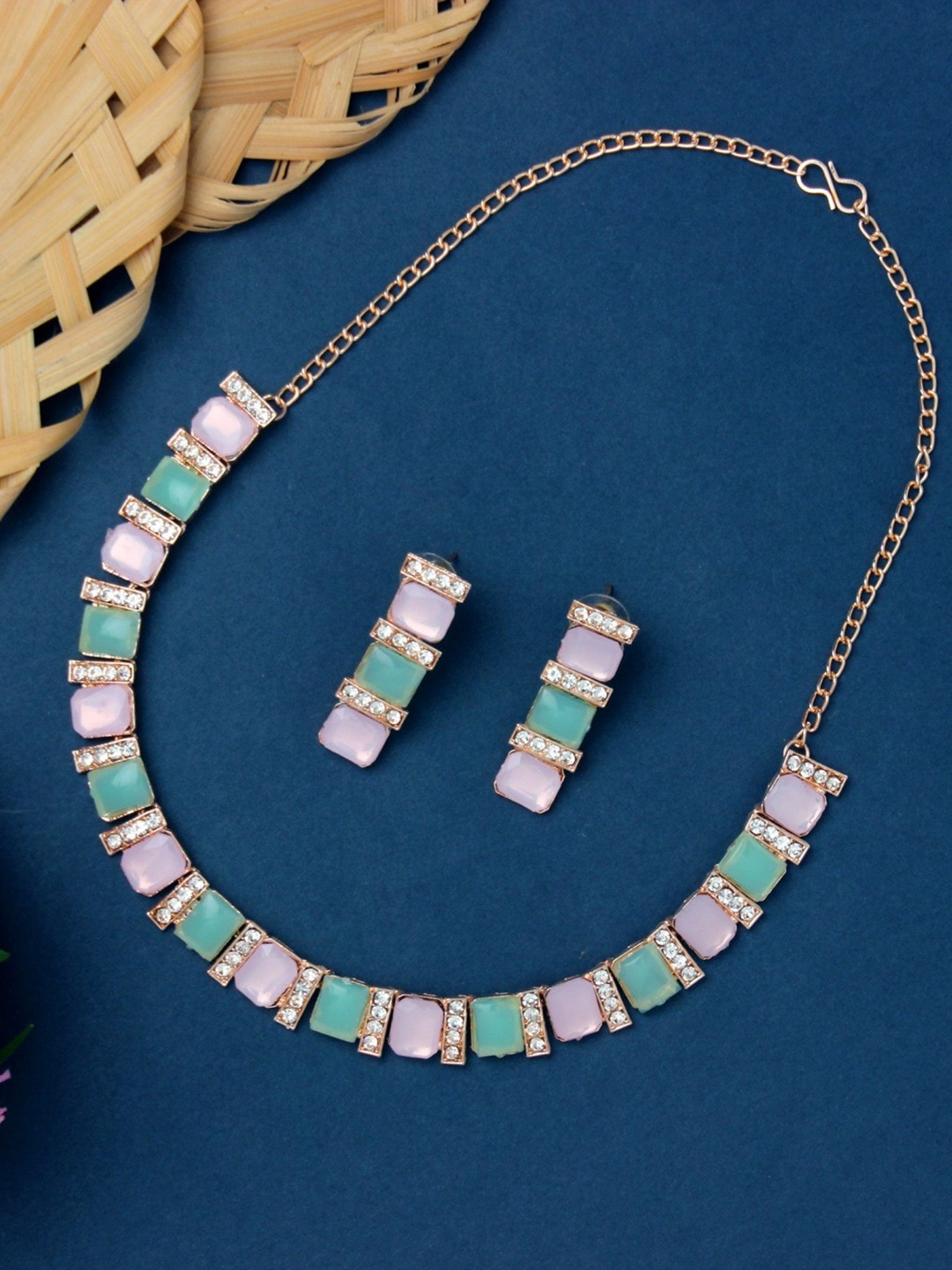 

Atasi International Rose Gold-Plated Crystal Studded Necklace & Earrings Set