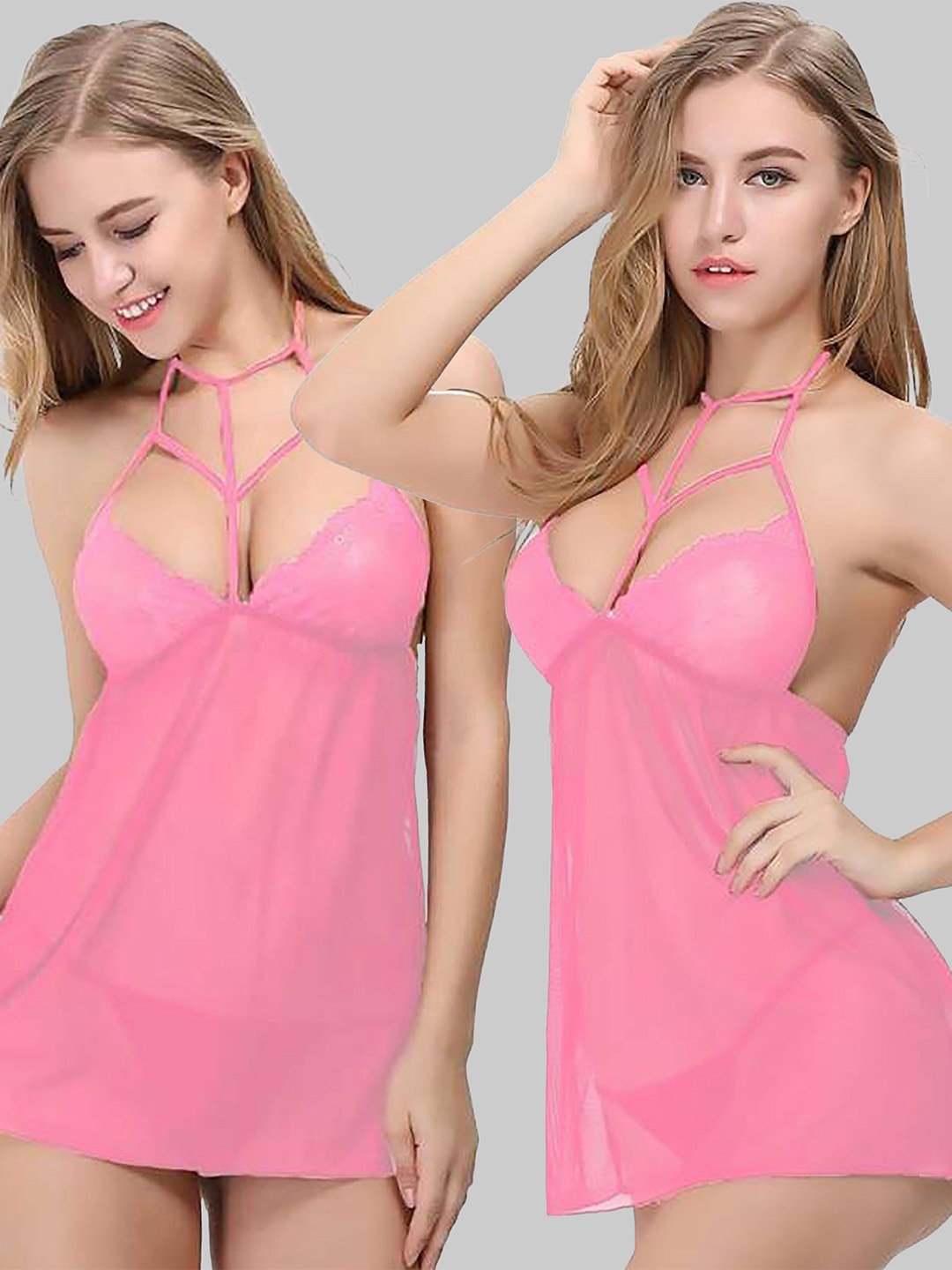 

PIBU Pack Of 2 Net Halter Neck Baby Doll, Pink