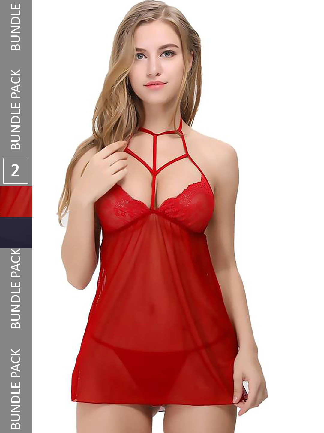 

PIBU Pack Of 2 Halter Neck Net Baby Doll, Red
