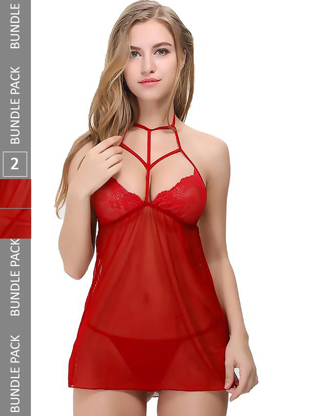 

PIBU Pack Of 2 Self Design Halter Neck Net Baby Doll, Red