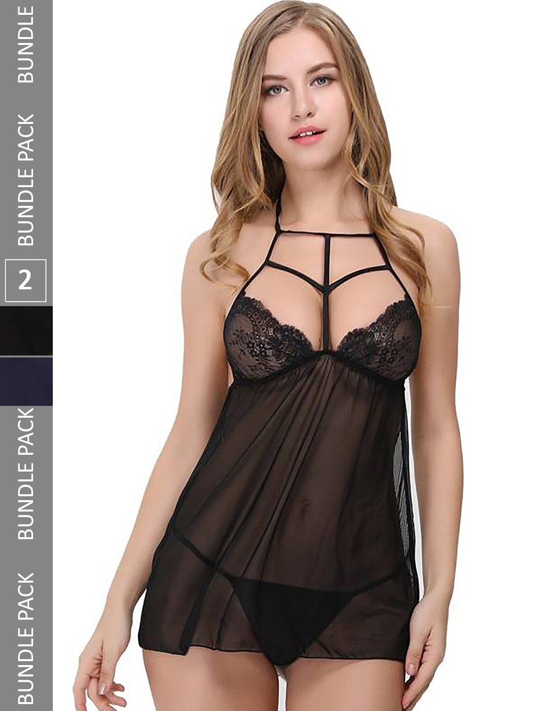 

PIBU Pack Of 2 Halter Neck Net Baby Dolls, Black