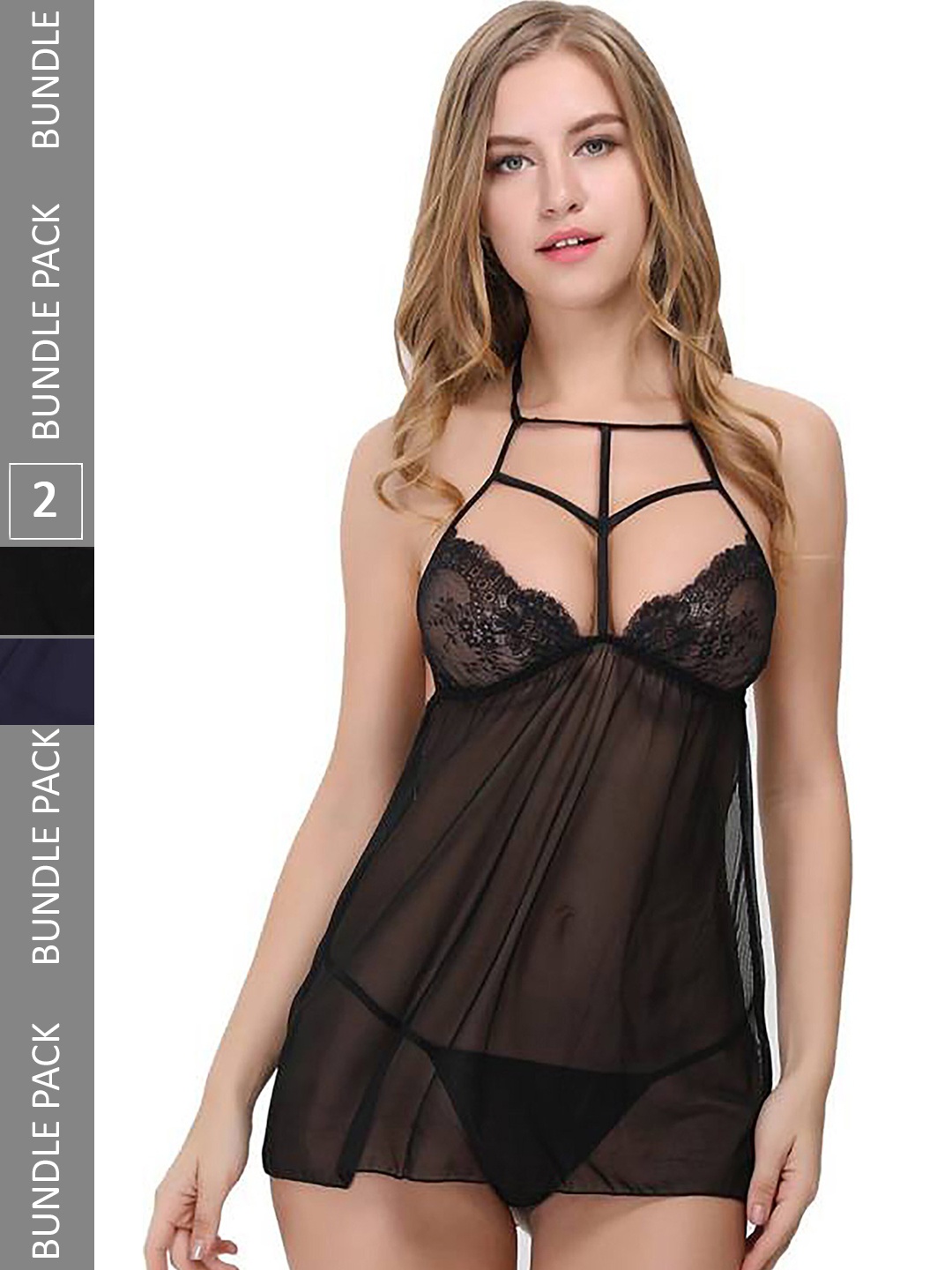 

PIBU Pack Of 2 Net Halter Neck Baby Doll, Black