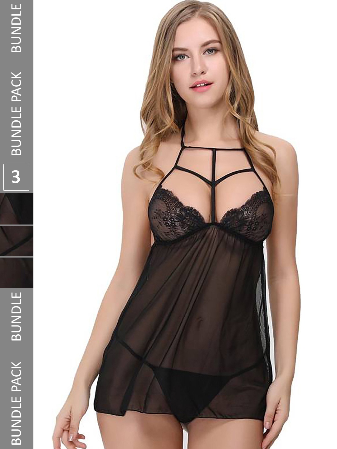 

PIBU Pack of 3 Self Design Halter Neck Net Baby Doll, Black
