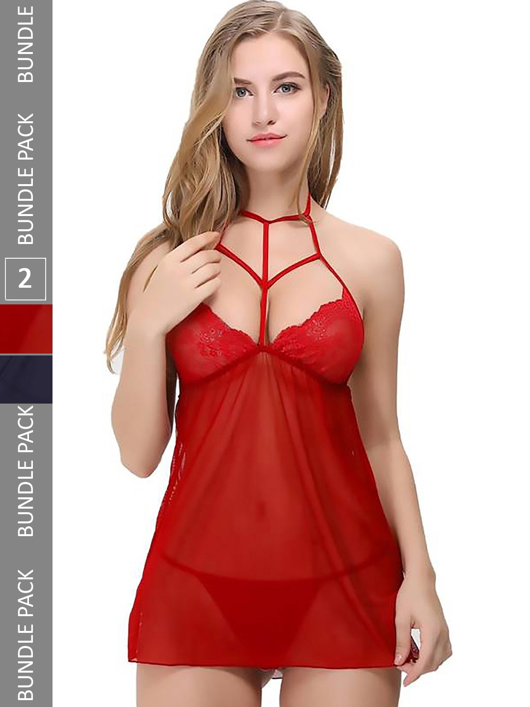 

PIBU Pack Of 2 Self Design Net Halter Neck Baby Dolls, Red