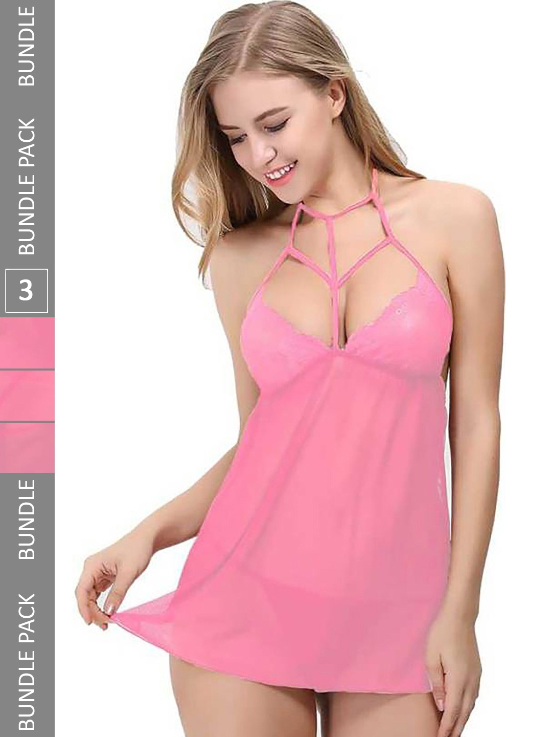 

PIBU Pack Of 3 Halter Neck Net Baby Dolls, Pink