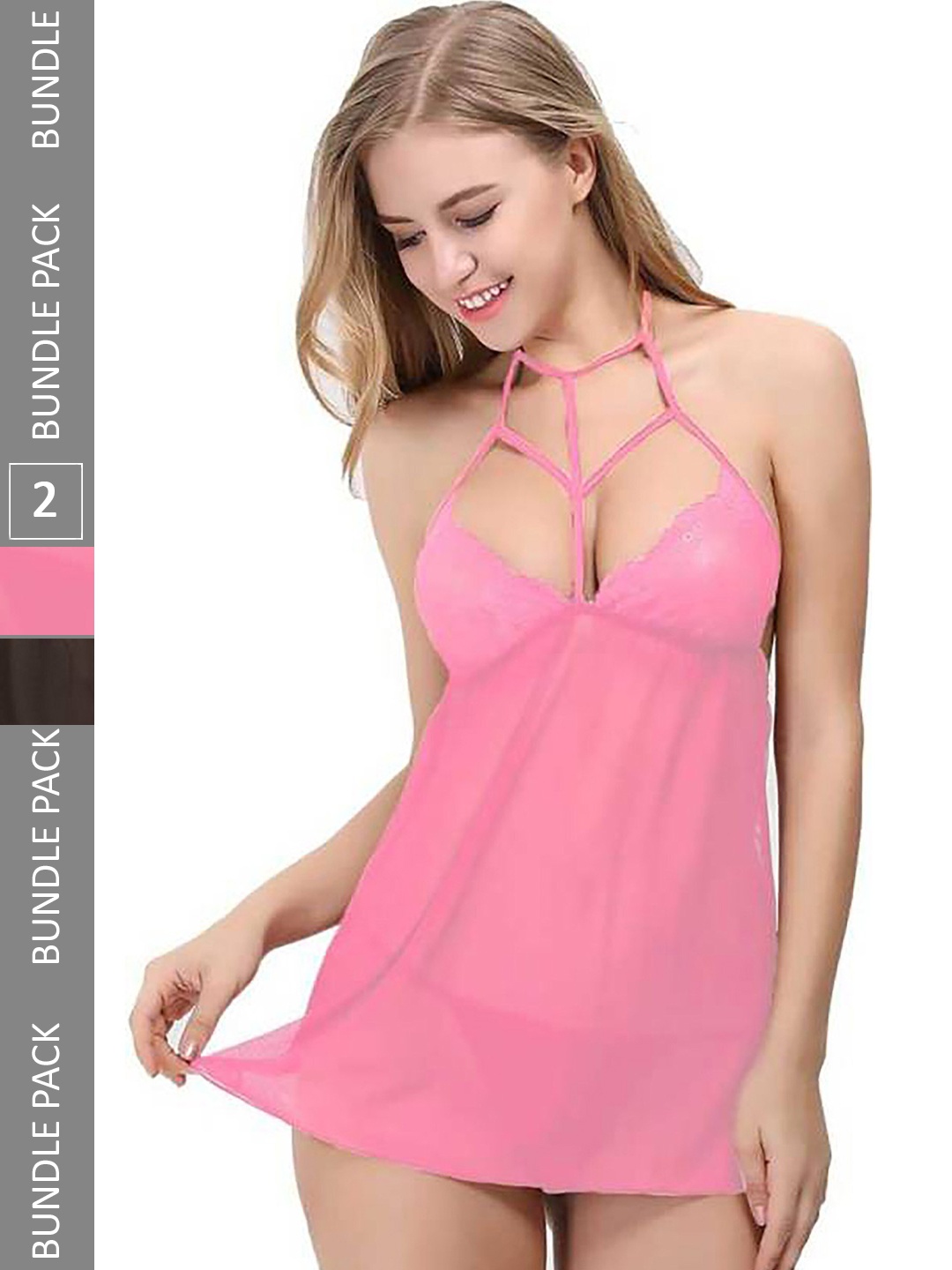 

PIBU Pack Of 2 Halter Neck Net Baby Doll, Pink