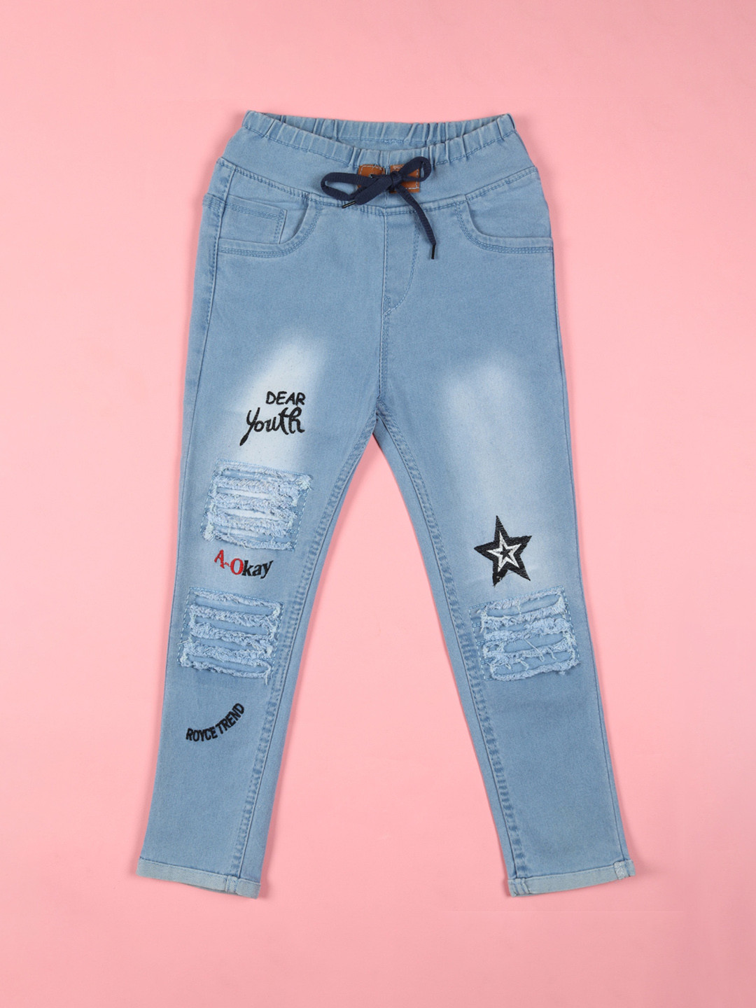 

F2M Girls Slim Fit High-Rise Mildly Distressed Light Fade Embroidered Jeans, Blue