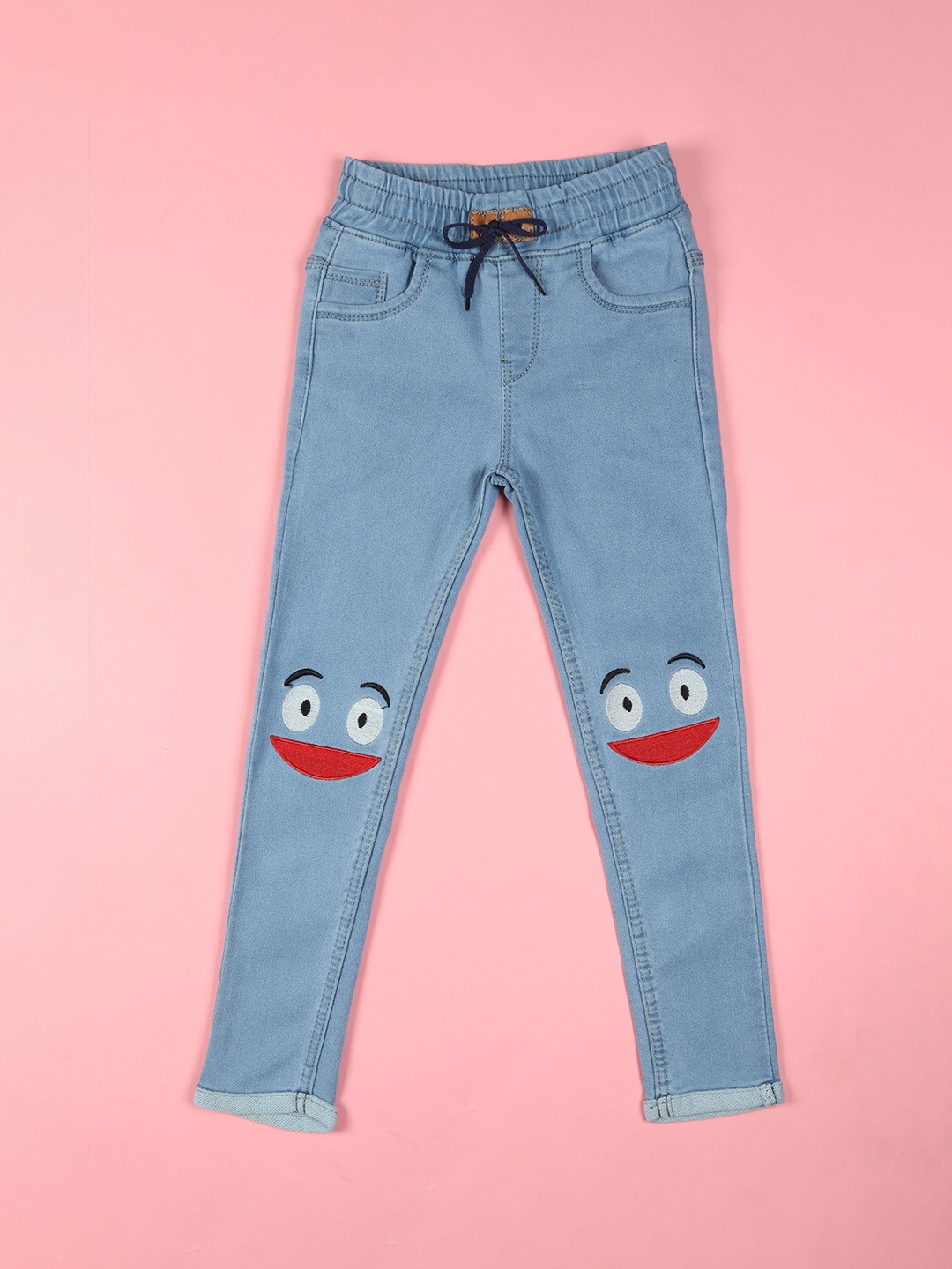 

F2M Girls Slim Fit High-Rise Light Fade Clean Look Embroidered Jeans, Blue