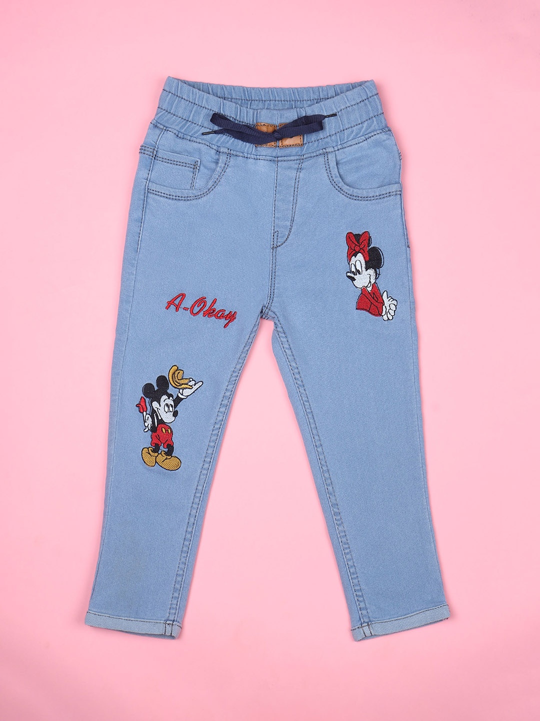 

F2M Girls Slim Fit High-Rise Light Fade Minnie Mouse Embroidered Stretchable Jeans, Blue