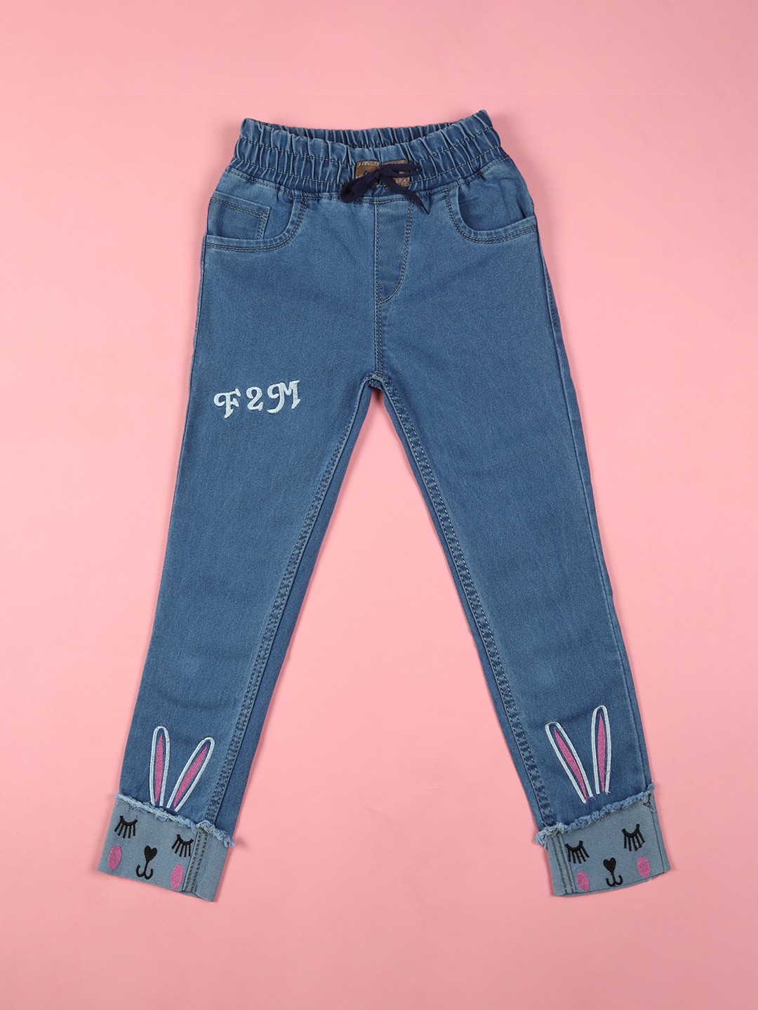 

F2M Girls Slim Fit High-Rise Clean Look Light Fade Embroidered Jeans, Blue