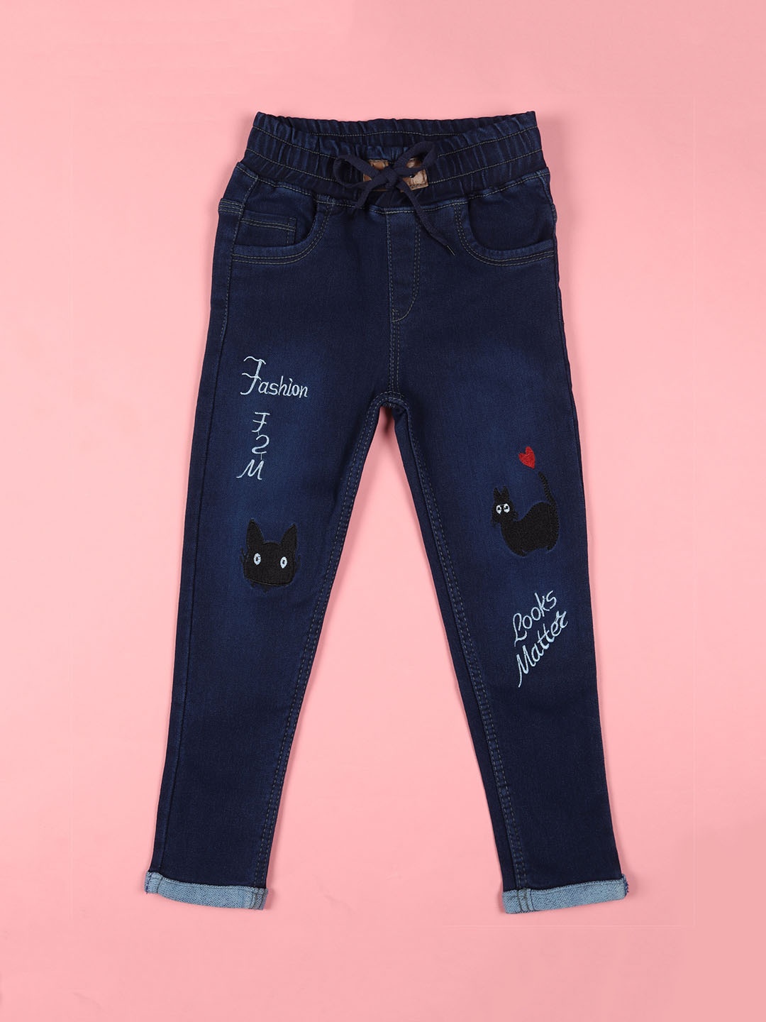 

F2M Girls Slim Fit High-Rise Low Distress Embroidered Jeans, Blue