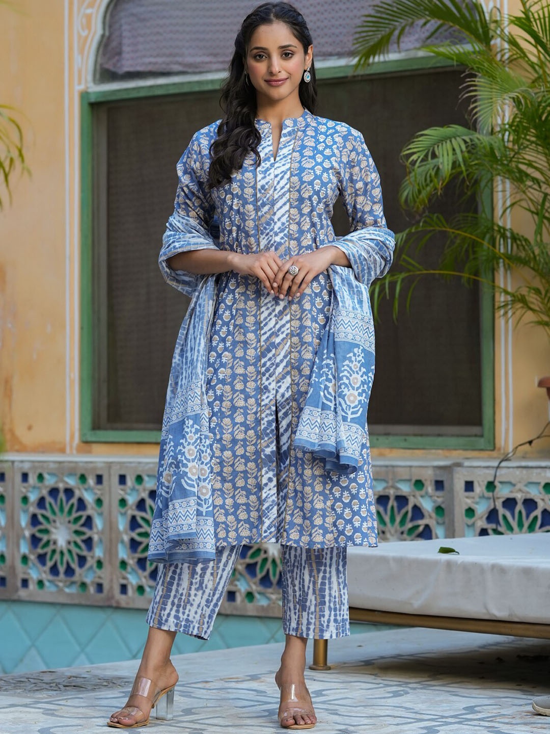

RangDeep Floral Printed Regular Pure Cotton Kurta With Pyjamas & Dupatta, Blue
