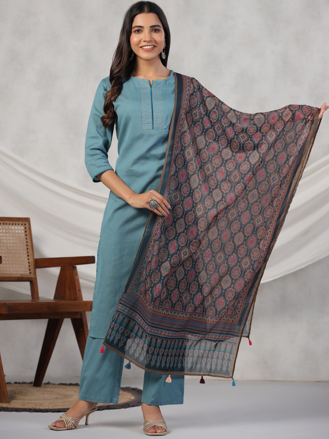 

RangDeep Pure Cotton Kurta & Trousers With Dupatta, Turquoise blue